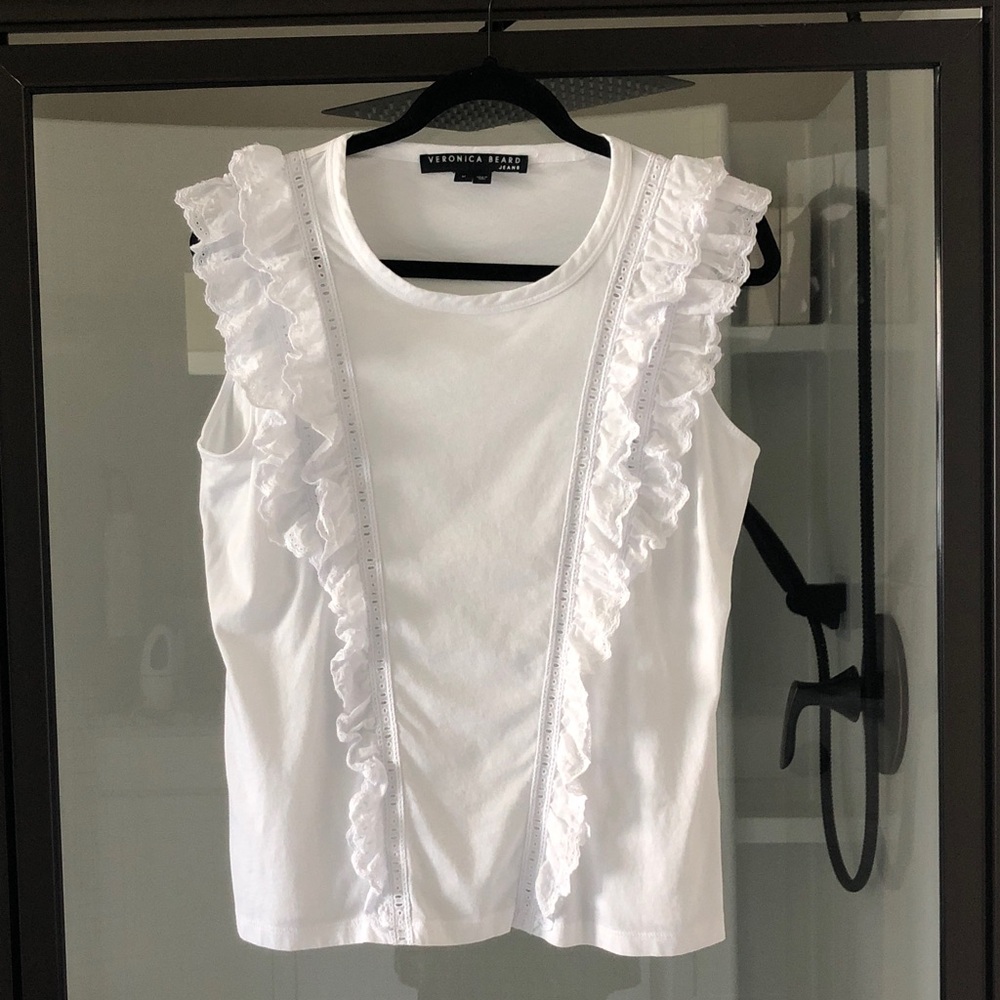 Veronica Beard White Ruffled Eyelet Lace-Trim Pima cotton top M Coquette cottage